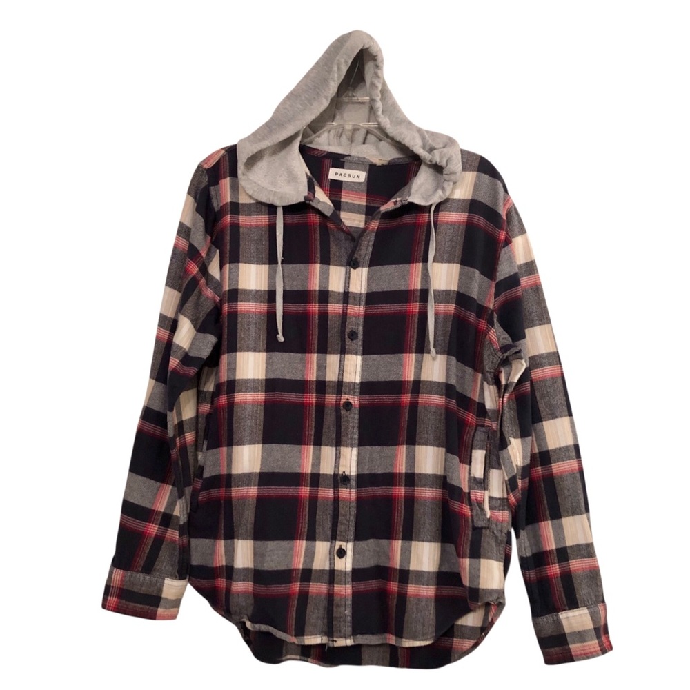 Pacsun Blue Plaid Flannel Shirt with Knit Hood Size M.